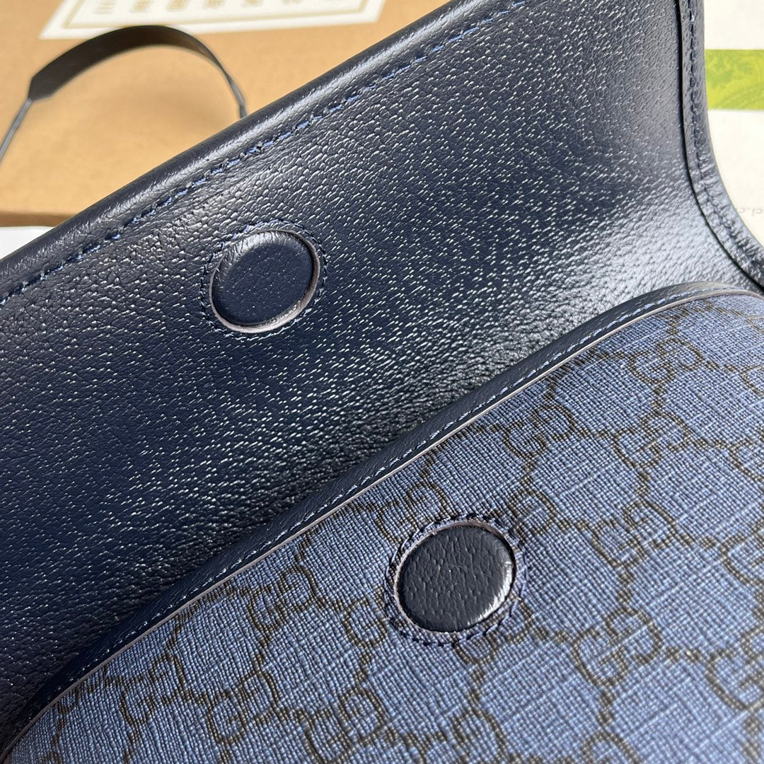 Luxury Gucci OPHIDIA SMALL BELT BAG 23 IN DARK BLUE MONOGRAM CANVAS AND BLACK LAMBSKIN TRIM