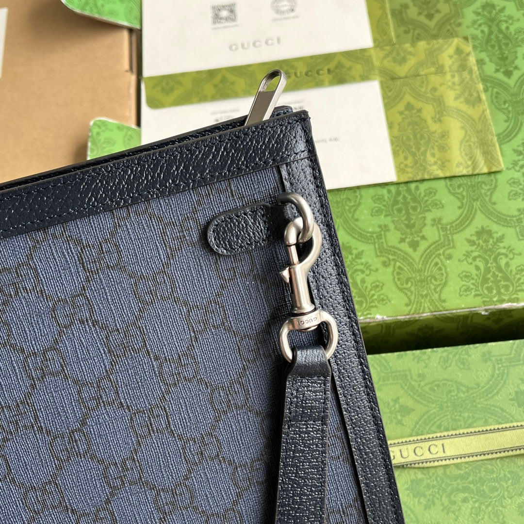 Luxury Gucci OPHIDIA POUCH 26 IN DARK BLUE MONOGRAM CANVAS AND BLACK LAMBSKIN TRIM