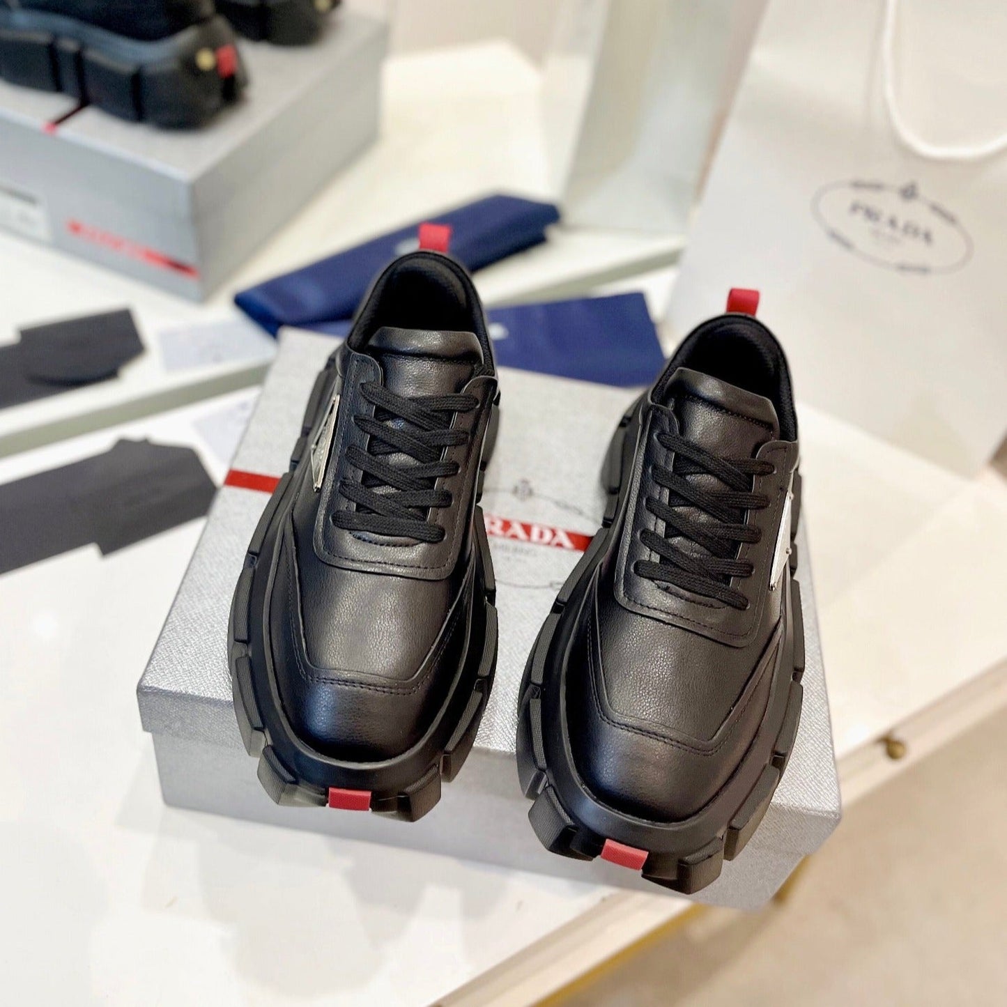 Luxury PradaBRUSHED THICK-SOLE SNEAKERS BLACK CALFSKIN
