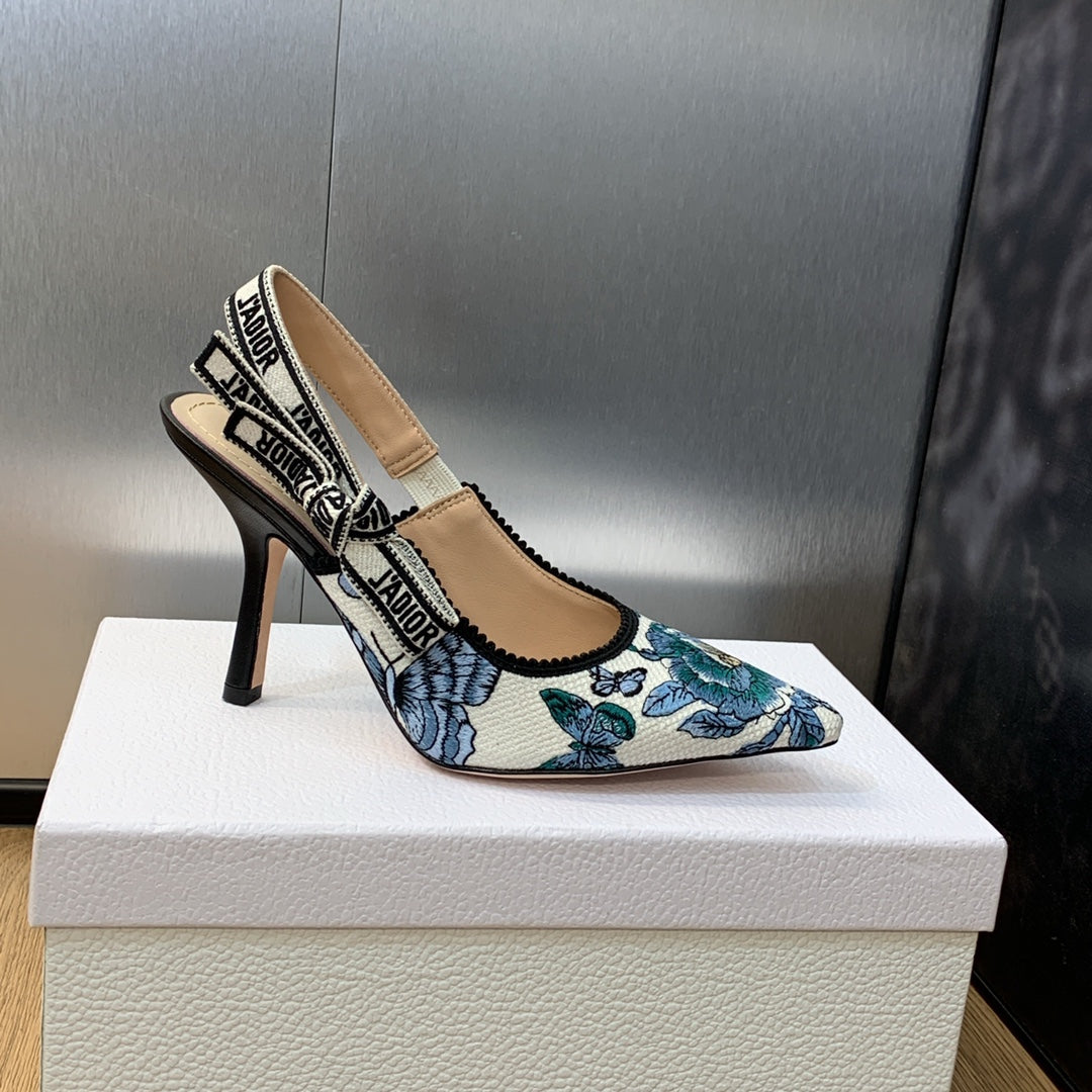Luxury DiorJA Luxury DiorSlingback Pump 95 Pastel Midnight Blue Multicolor Embroidered Cotton with Toile de Jouy Mexico Motif