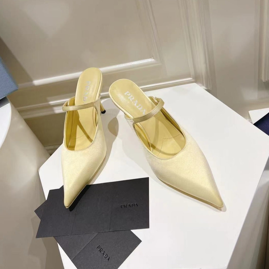 Luxury PradaHIGH-HEELED MULES YELLOW CREAM SATIN