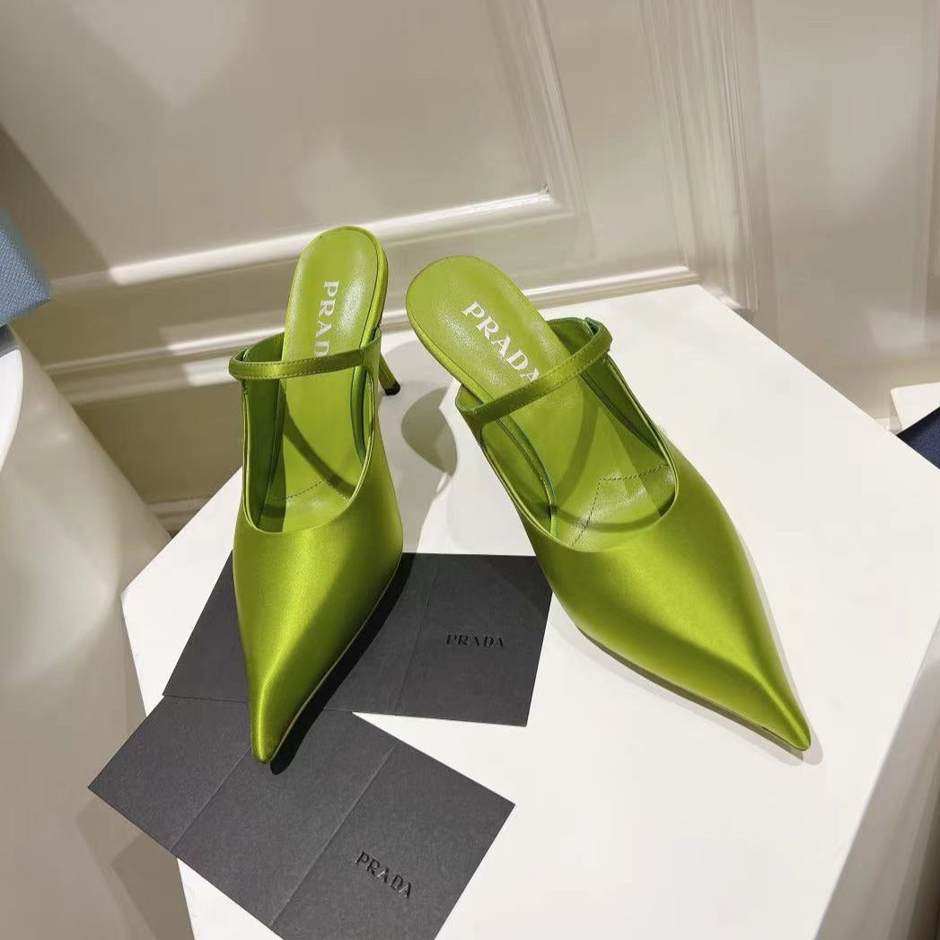 Luxury PradaHIGH-HEELED MULES PEAR SATIN