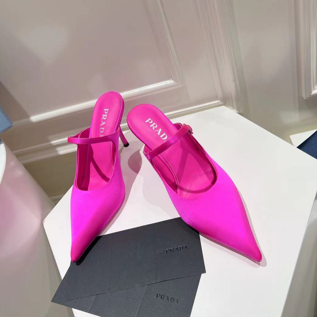 Luxury PradaHIGH-HEELED MULES BRIGHT PINK SATIN