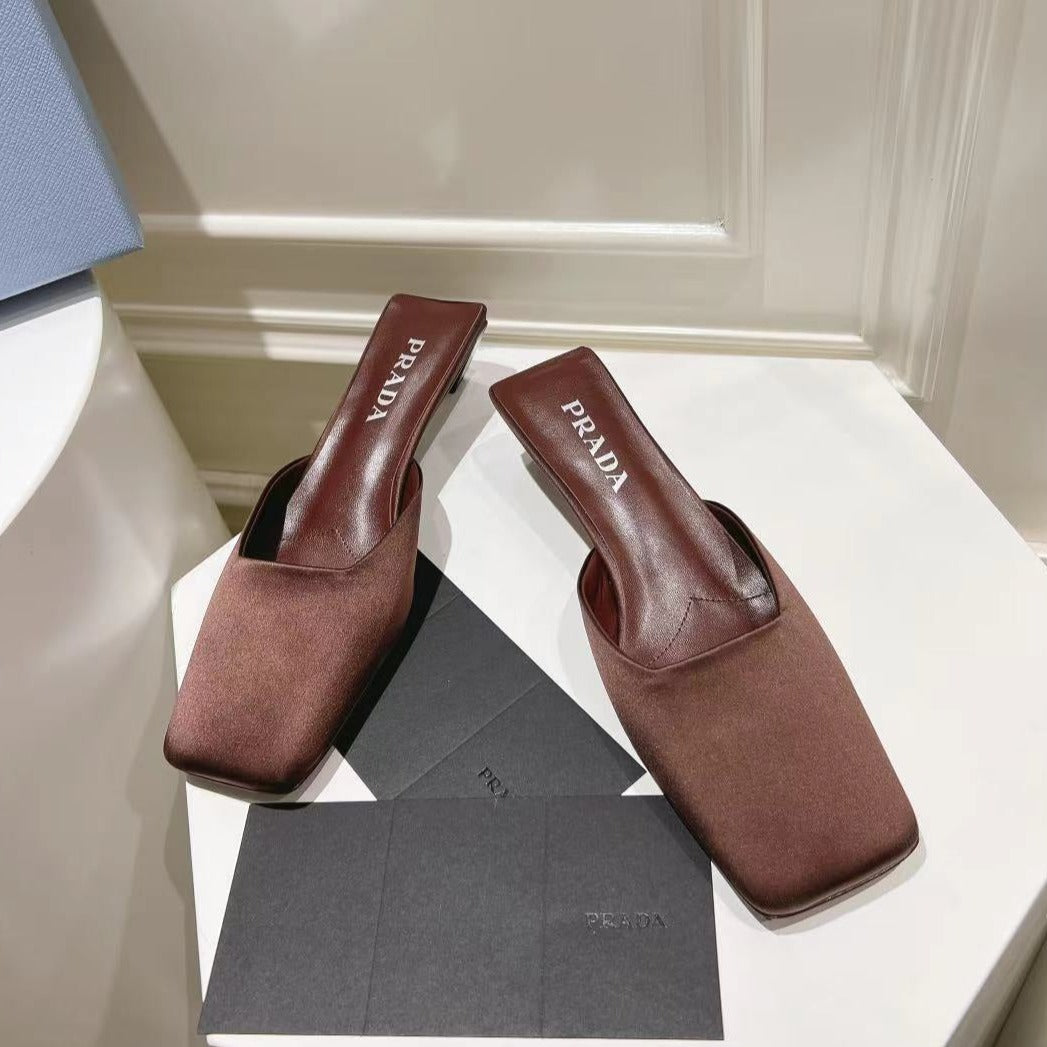 Luxury PradaSQUARE TOE MULES CHOCOLATE SATIN