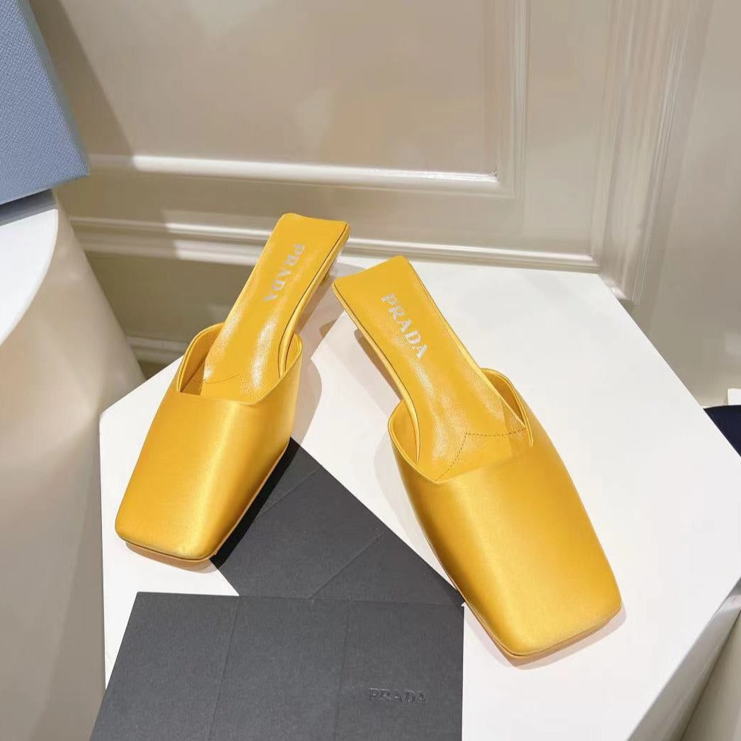 Luxury PradaSQUARE TOE MULES YELLOW SATIN