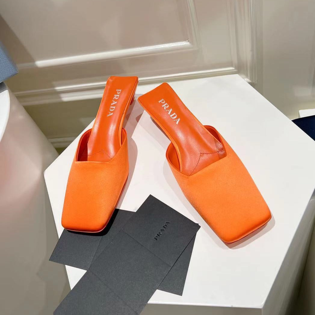 Luxury PradaSQUARE TOE MULES BRIGHT ORANGE SATIN