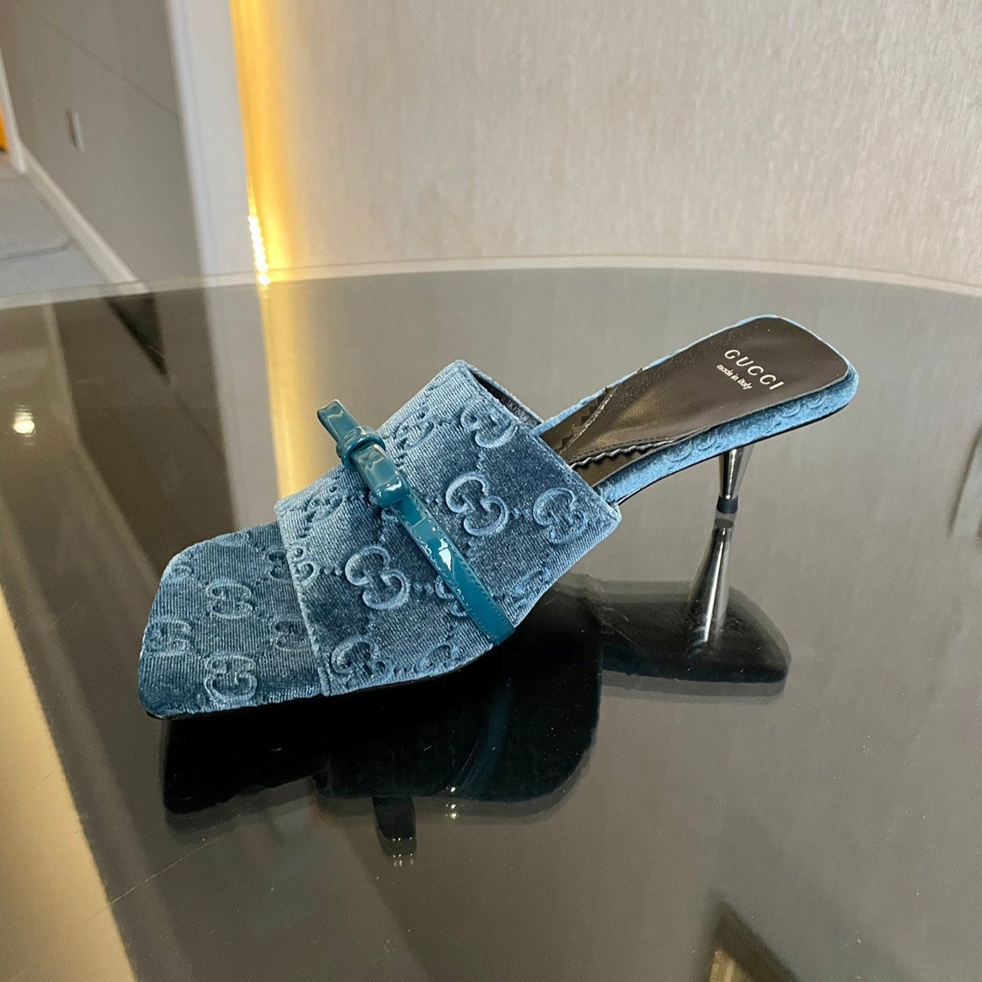 Luxury Gucci GG VELVET HIGH HEEL SANDALS WITH BEAUTIFUL LOGO DETAILS BLUE SKY