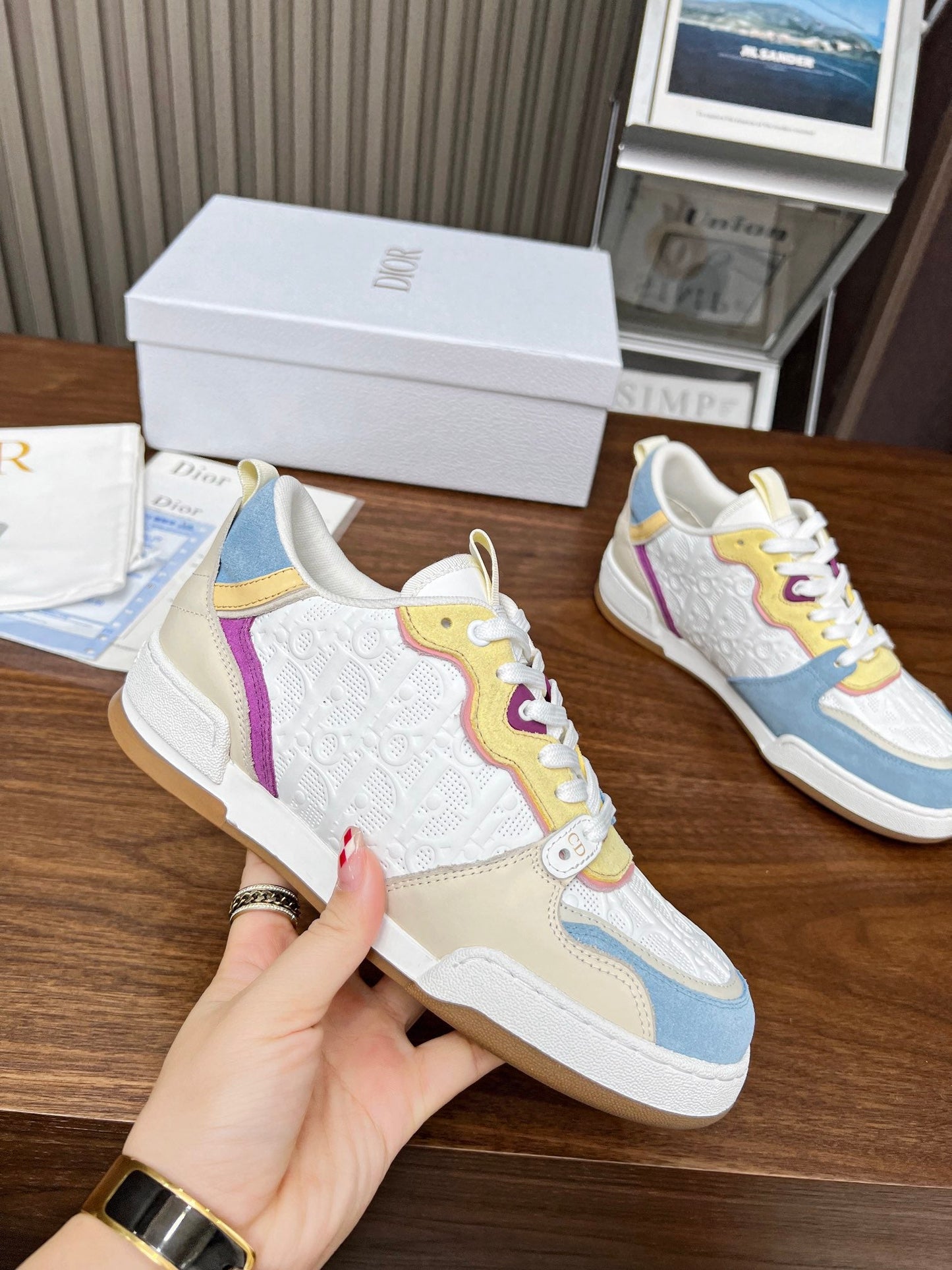 Luxury DiorOne Sneaker White Beige Mix Blue Yellow Oblique Perforated Suede And Calfskin