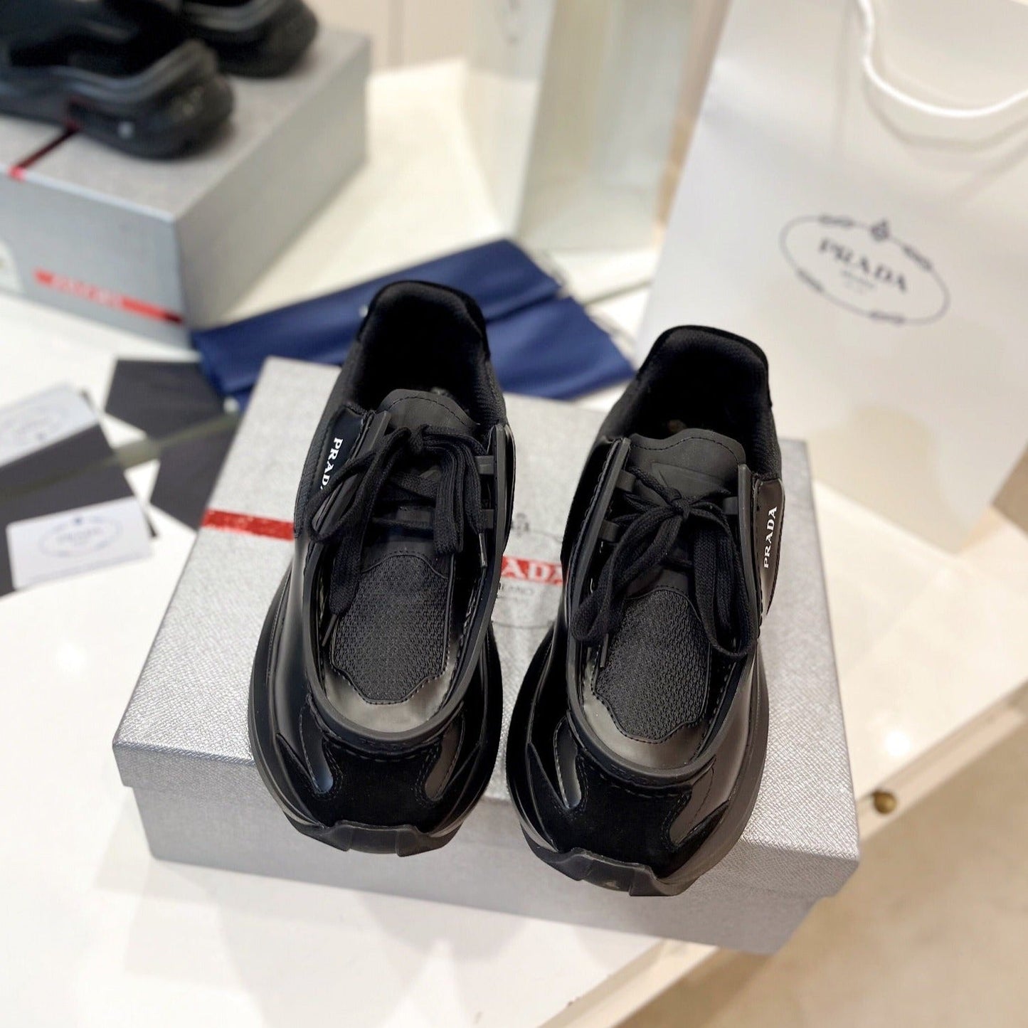 Luxury PradaSYSTEME BRUSHED SNEAKERS BLACK CALFSKIN