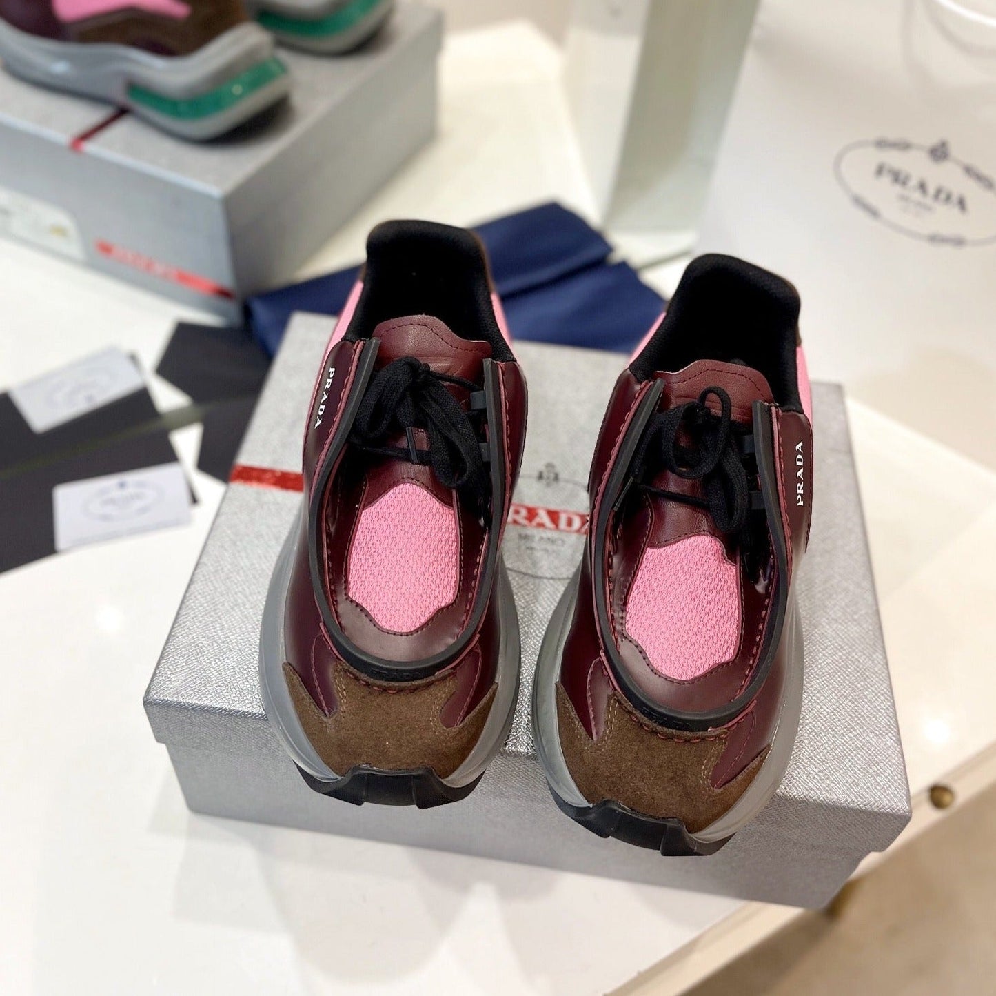 Luxury PradaSYSTEME BRUSHED SNEAKERS WINE AND PINK CALFSKIN