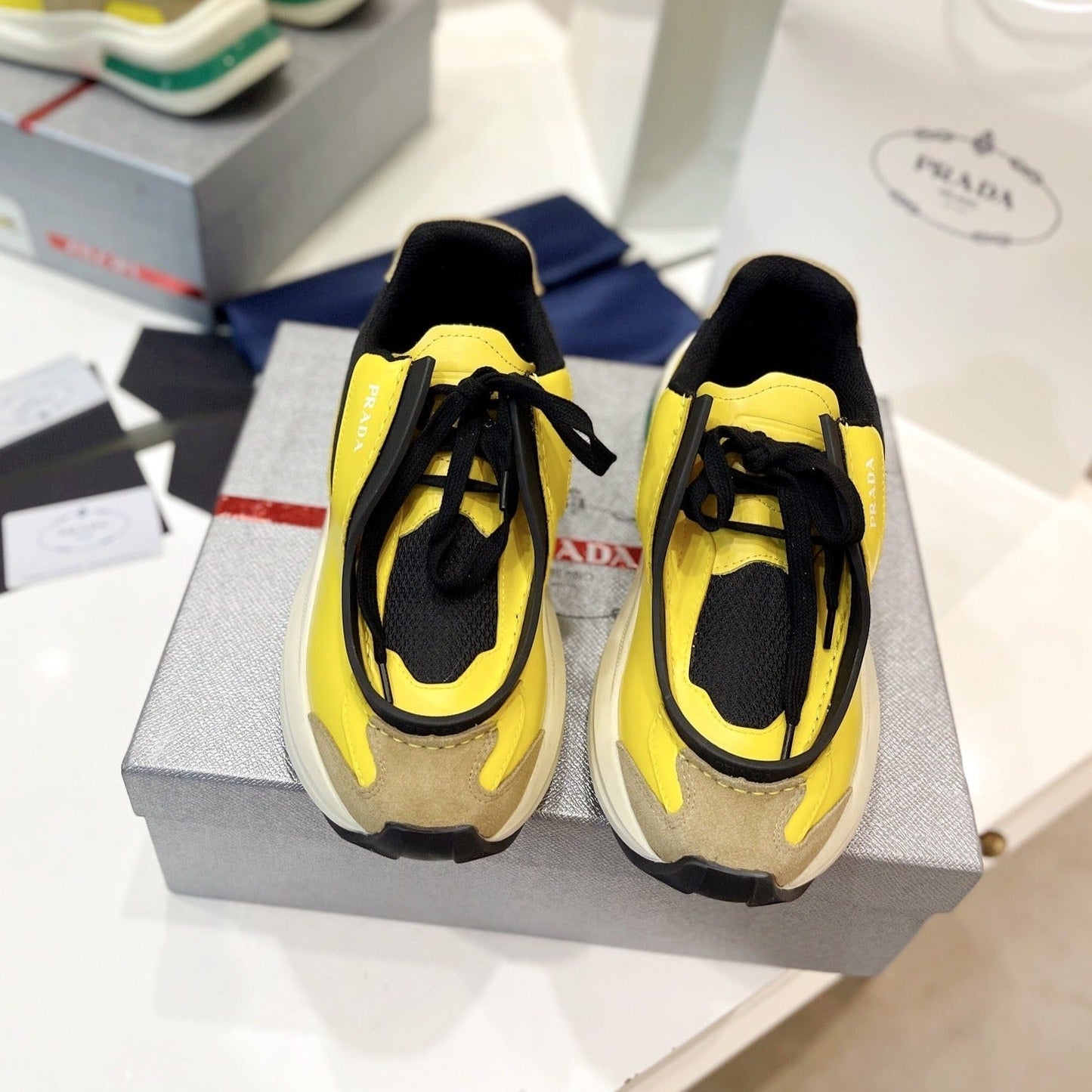 Luxury PradaSYSTEME BRUSHED SNEAKERS LEMON CALFSKIN