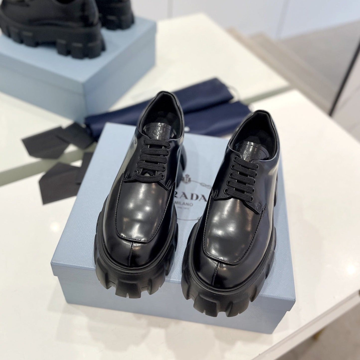Luxury PradaBRUSHED LEATHER MONOLITH LACE-UP LOAFERS BLACK