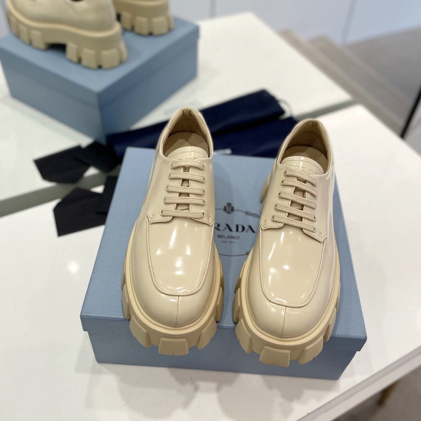 Luxury PradaBRUSHED LEATHER MONOLITH LACE-UP LOAFERS BEIGE