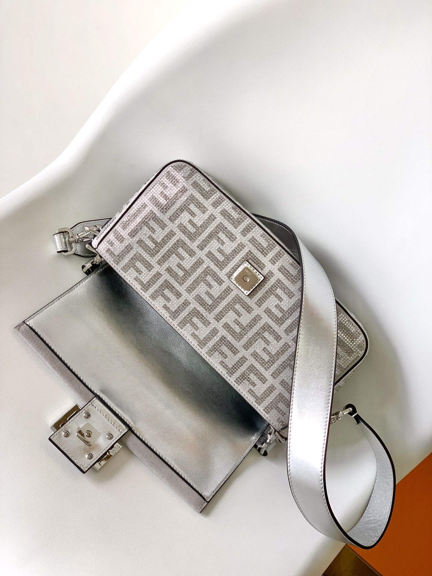 Luxury FendiFend Baguette 27 Bag Silver Leather with Crystal FF Motif Shw