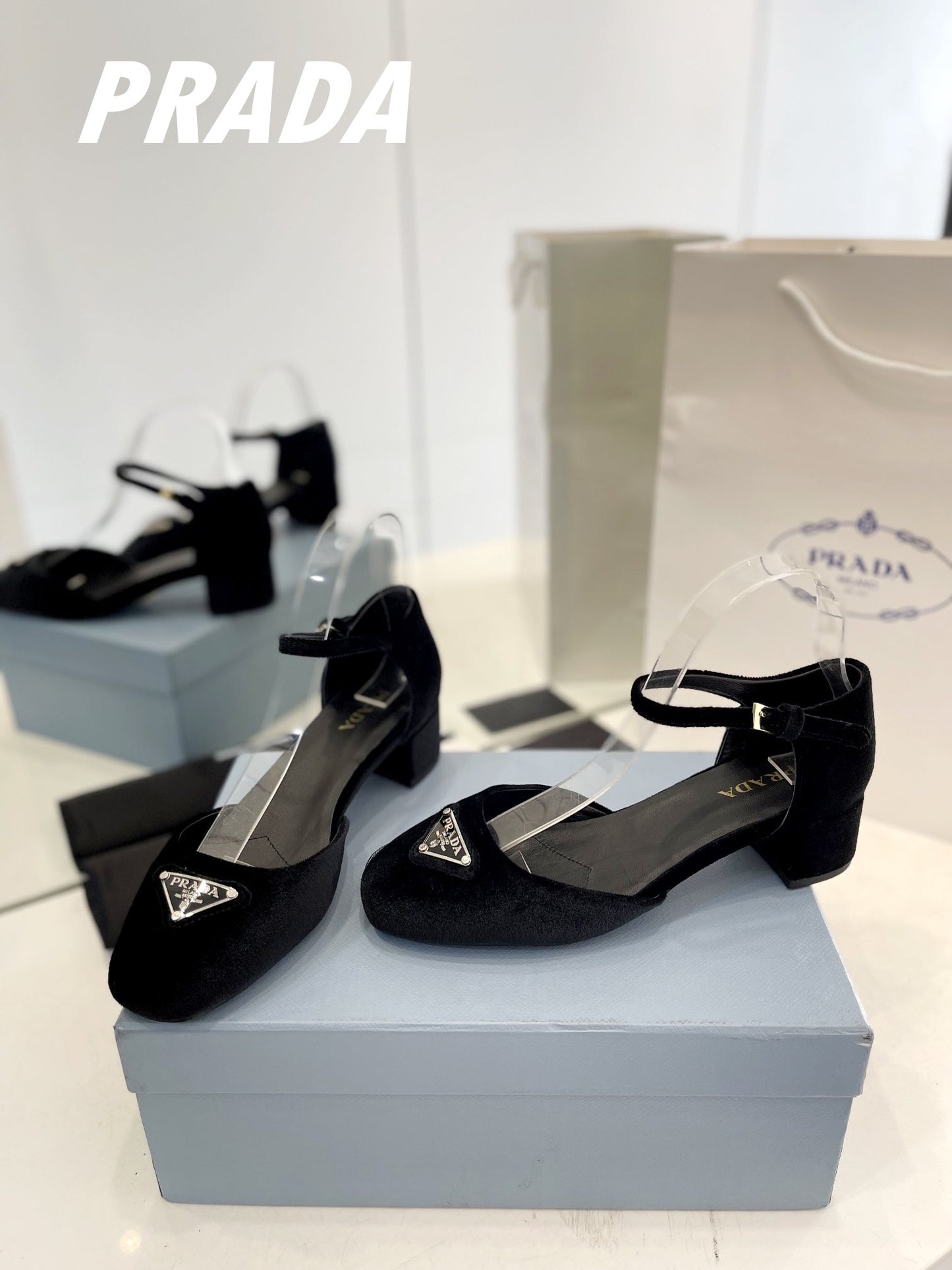 Luxury PradaSlingback 40 Square Sole Black Velvet