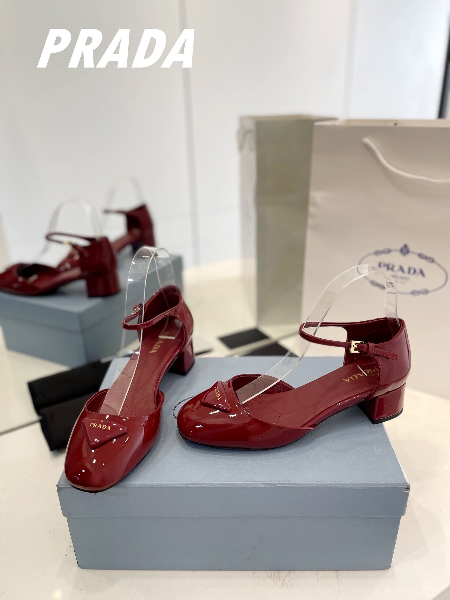 Luxury PradaSlingback 40 Square Sole Wine Patent Leather