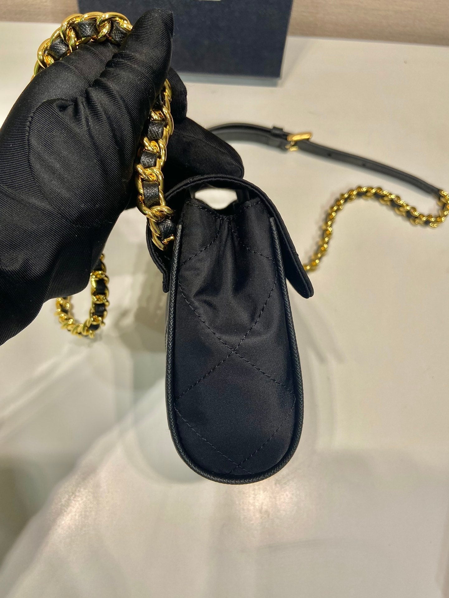 Luxury PradaMINI QUILTED FLAP BAG 14 IN BLACK RE-NYLON FABRIC GOLD CHAIN