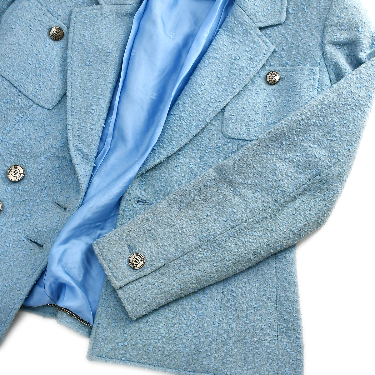 Luxury Chanel Setup Suit Jacket Skirt Light Blue 97C #38