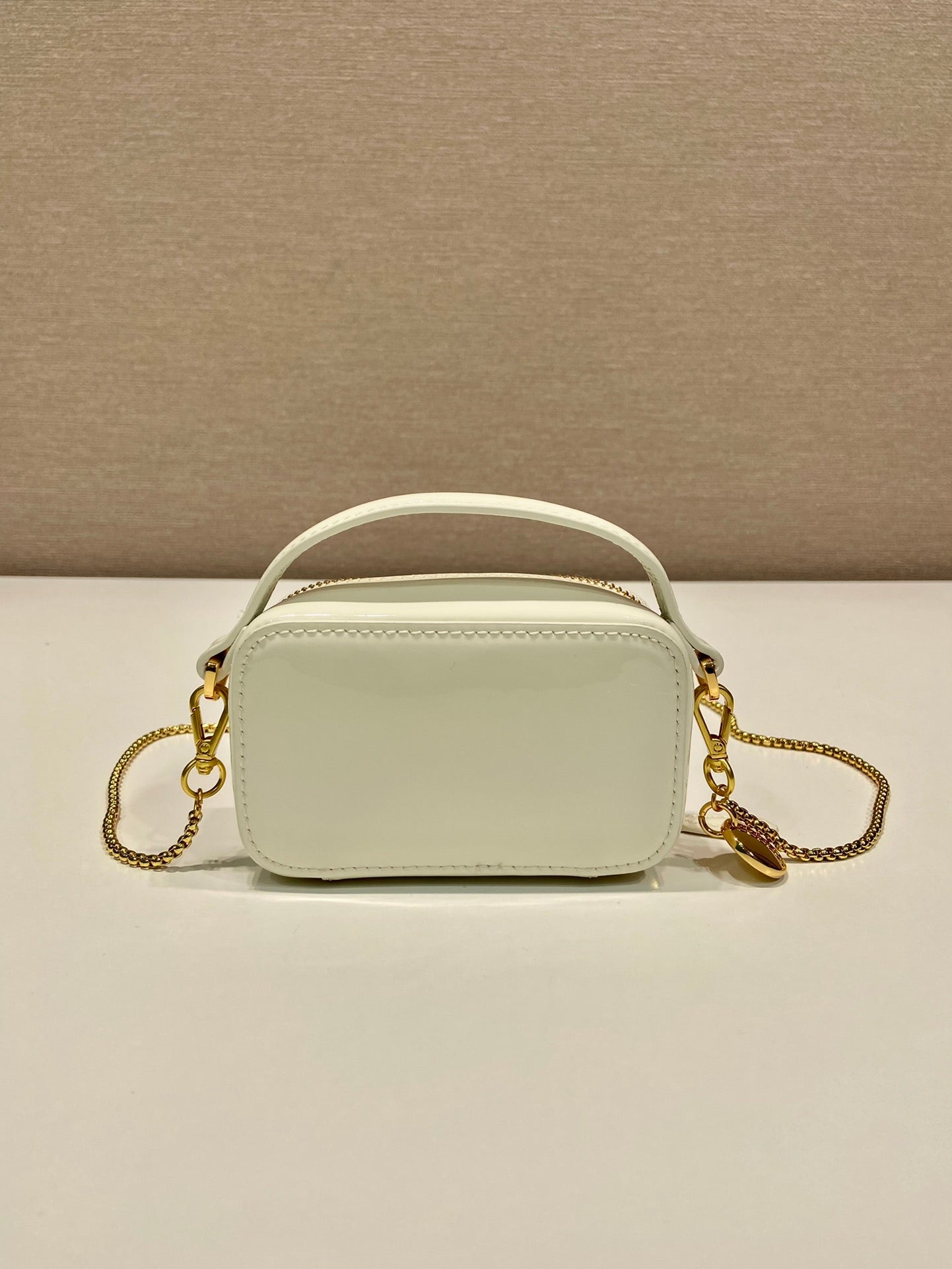 Luxury PradaMINI HAND BAG 11 WITH GOLD STRAP IN WHITE PATENT CALFSKIN