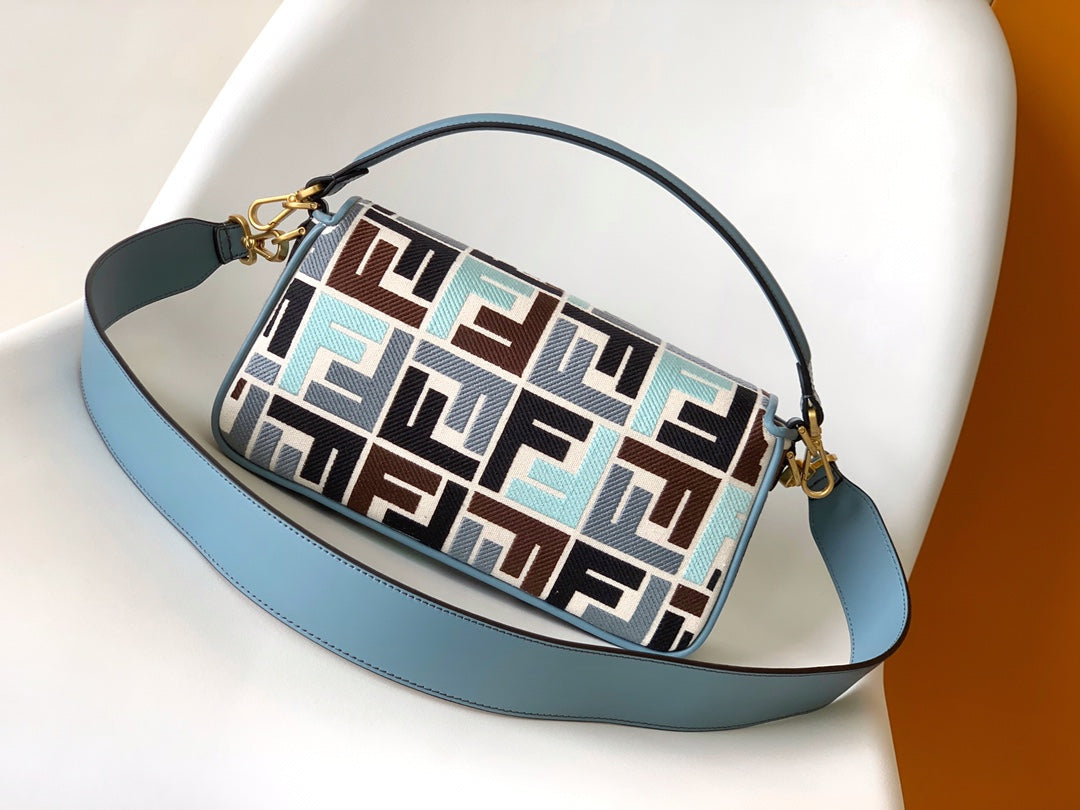 Luxury FendiFend Baguette Sky Blue and Multicolour Canvas Bag 27 with FF Embroidery Ghw