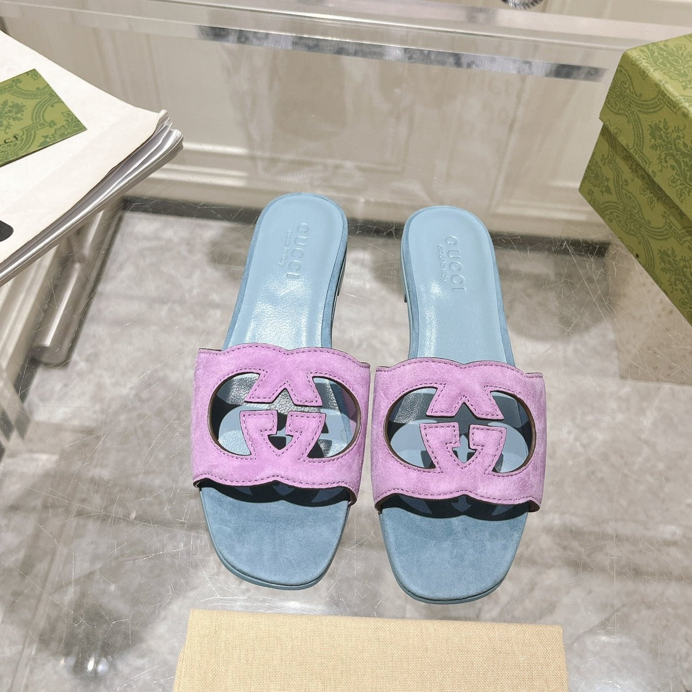 Luxury Gucci GG Interlocking double G hollow slippers Orchid Purple Blue