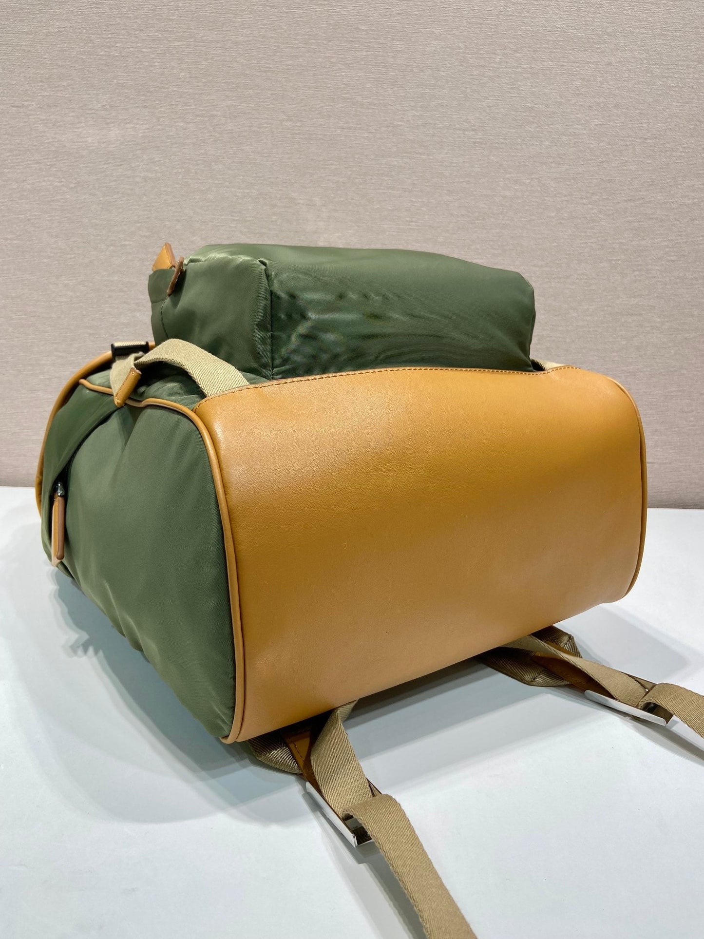 Luxury PradaBACKPACK 45 IN SEAWEED GREEN RE-NYLON AND BROWN CALFSKIN TRIM