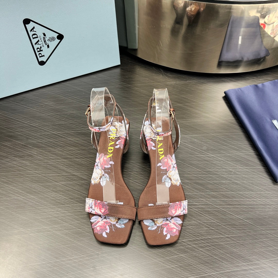 Luxury PradaTRIANGLE HEEL FLOWER MOTIF SATIN SANDALS CINNAMON