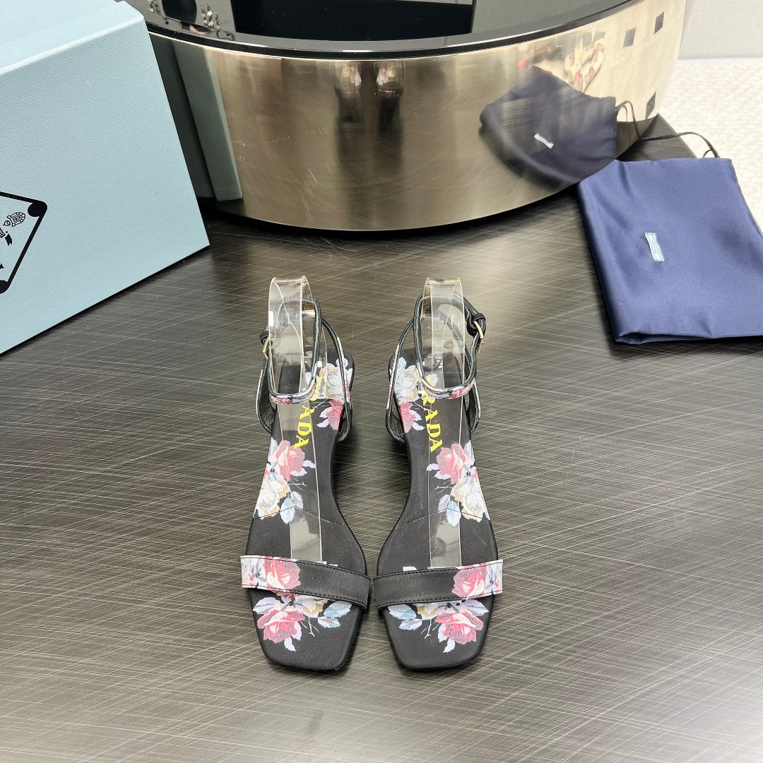 Luxury PradaTRIANGLE HEEL FLOWER MOTIF SATIN SANDALS BLACK