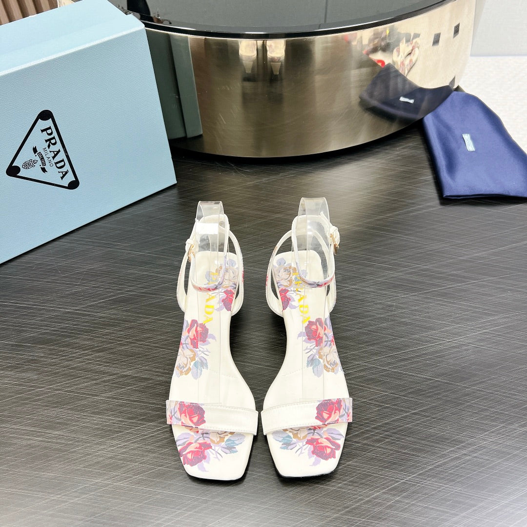 Luxury PradaTRIANGLE HEEL FLOWER MOTIF SATIN SANDALS WHITE