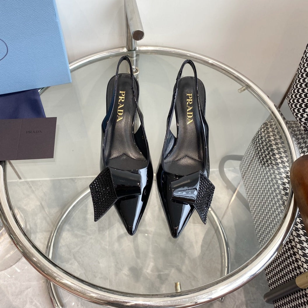 Luxury PradaSLINGBACK PUMPS GLOSSY BLACK ATTACHED BOW LAMBSKIN