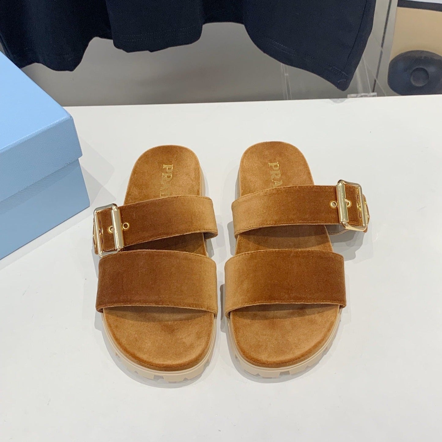 Luxury PradaSLIDES SANDALS CAMEL VELVET