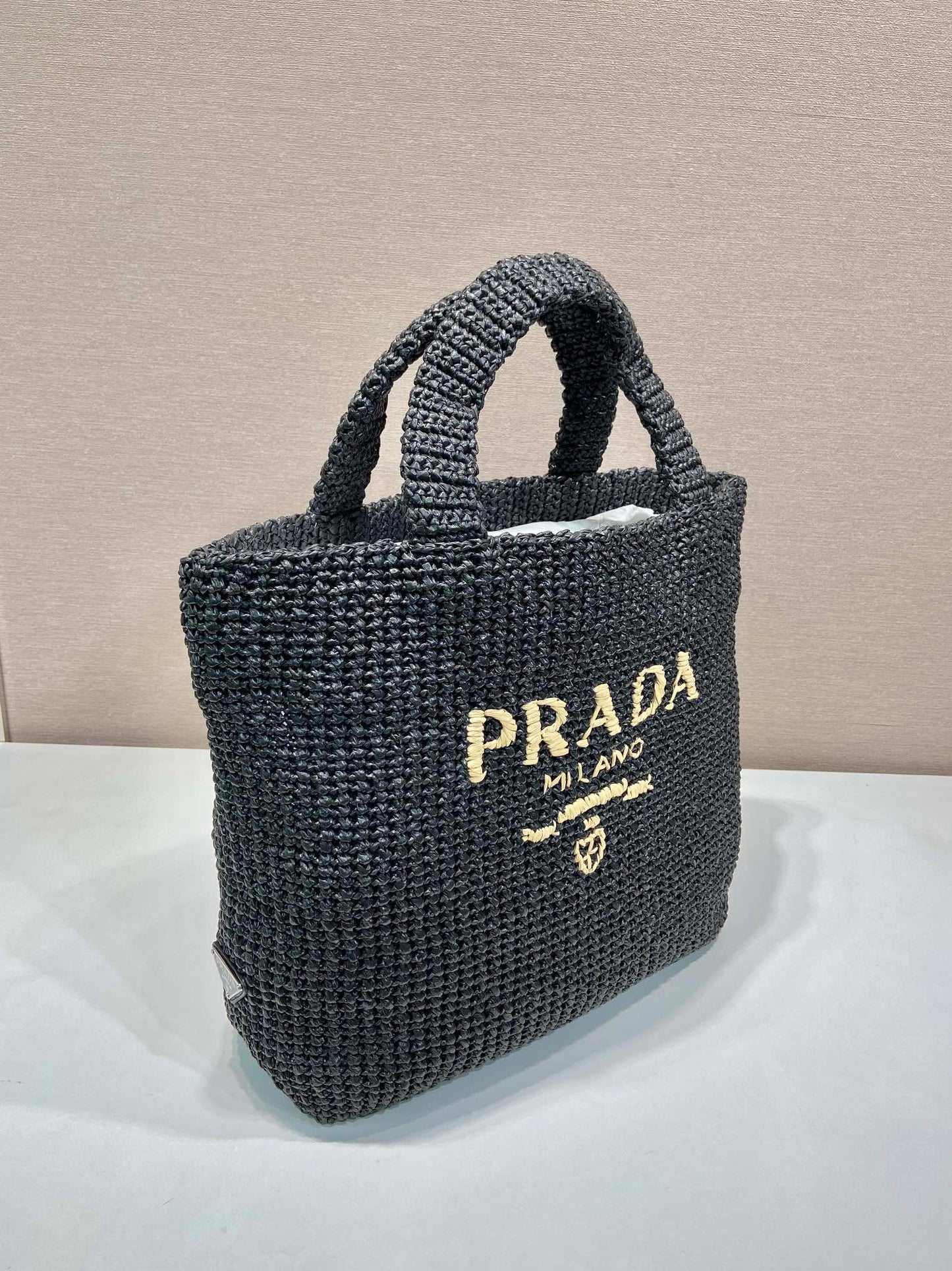 Luxury PradaLARGE CROCHET TOTE BAG 47 IN BLACK MIX YELLOW RAFFIA