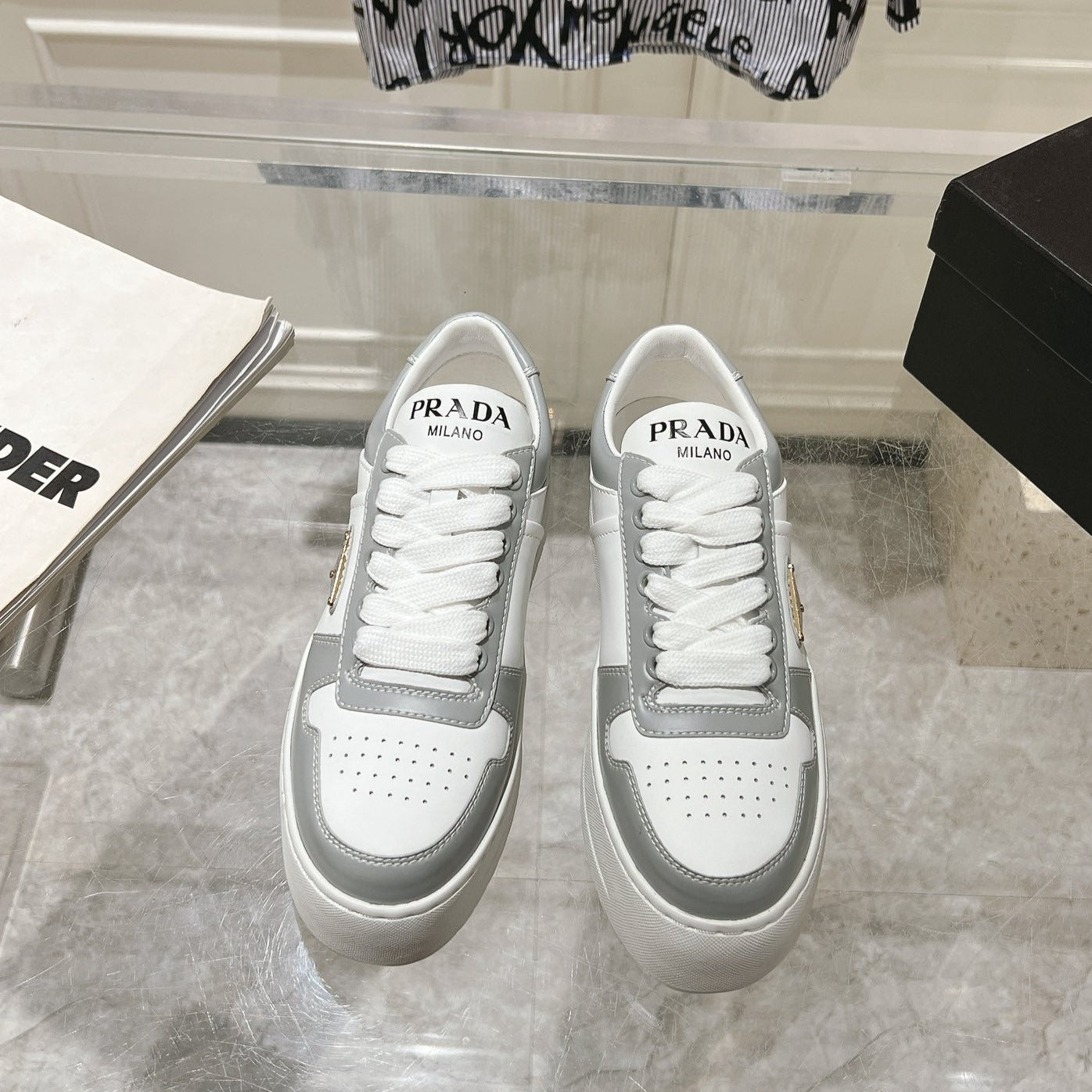 Luxury PradaDOWNTOWN BOLD SNEAKERS WHITE AND LIGHT GRAY CALFSKIN