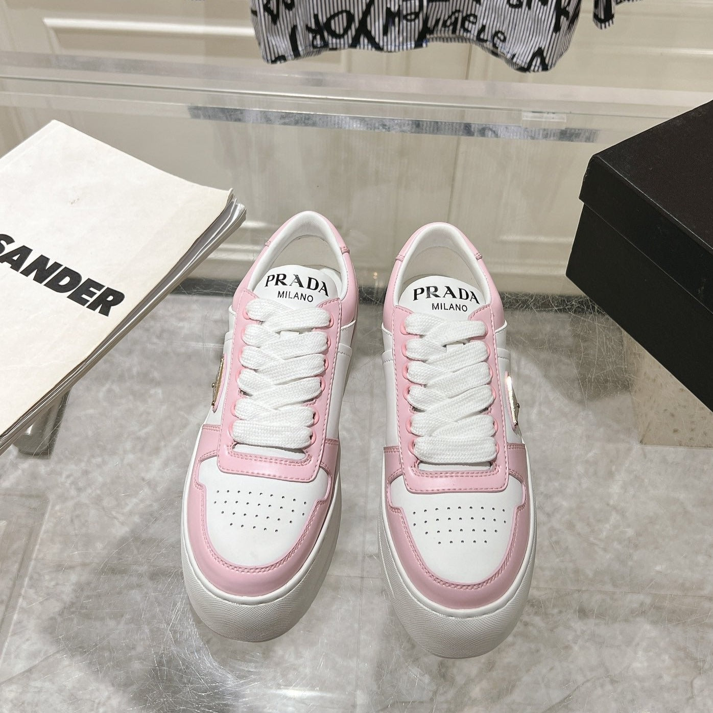 Luxury PradaDOWNTOWN BOLD SNEAKERS WHITE AND LIGHT PINK CALFSKIN