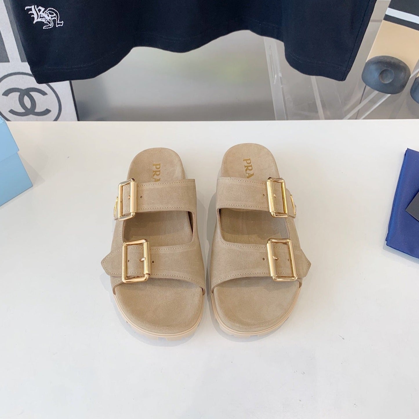 Luxury PradaSTRAP SLIDES SANDALS BEIGE SUEDE