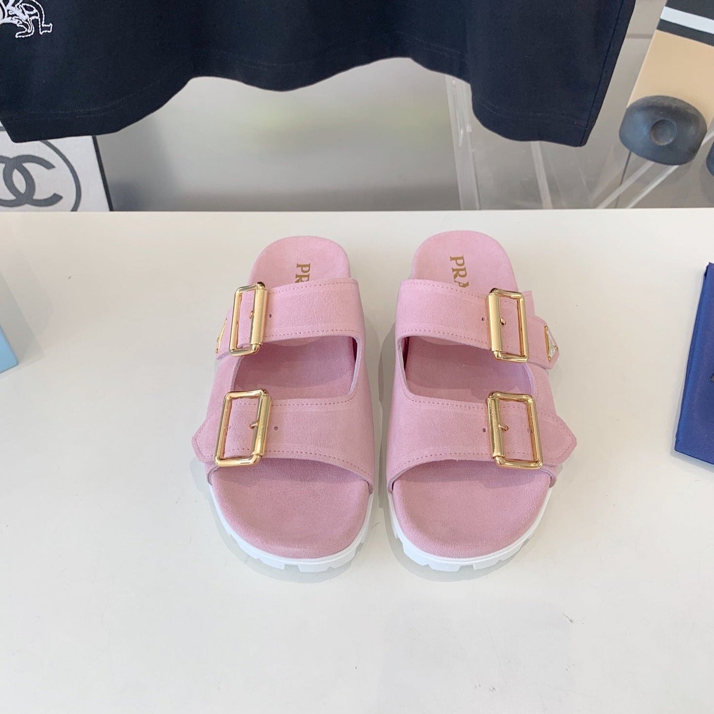 Luxury PradaSTRAP SLIDES SANDALS PASTEL PINK SUEDE