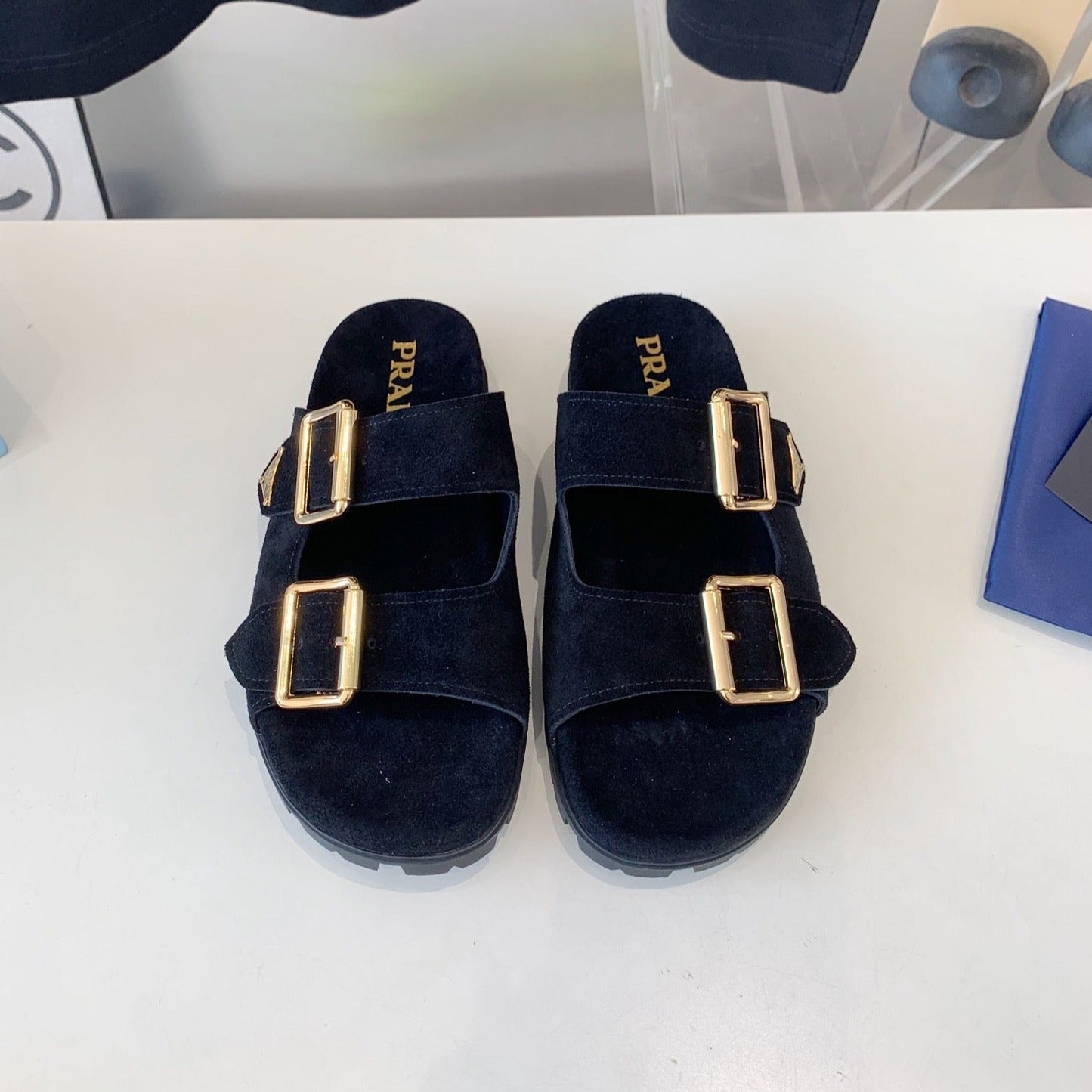Luxury PradaSTRAP SLIDES SANDALS BLACK SUEDE