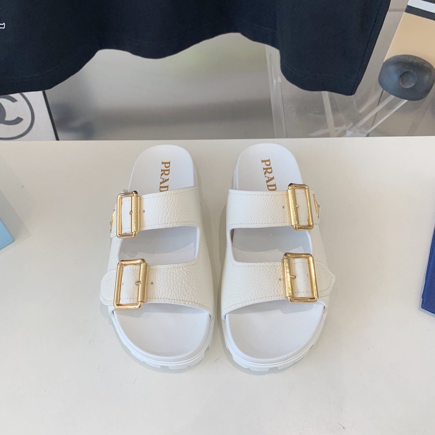 Luxury PradaSTRAP SLIDES SANDALS WHITE LAMBSKIN