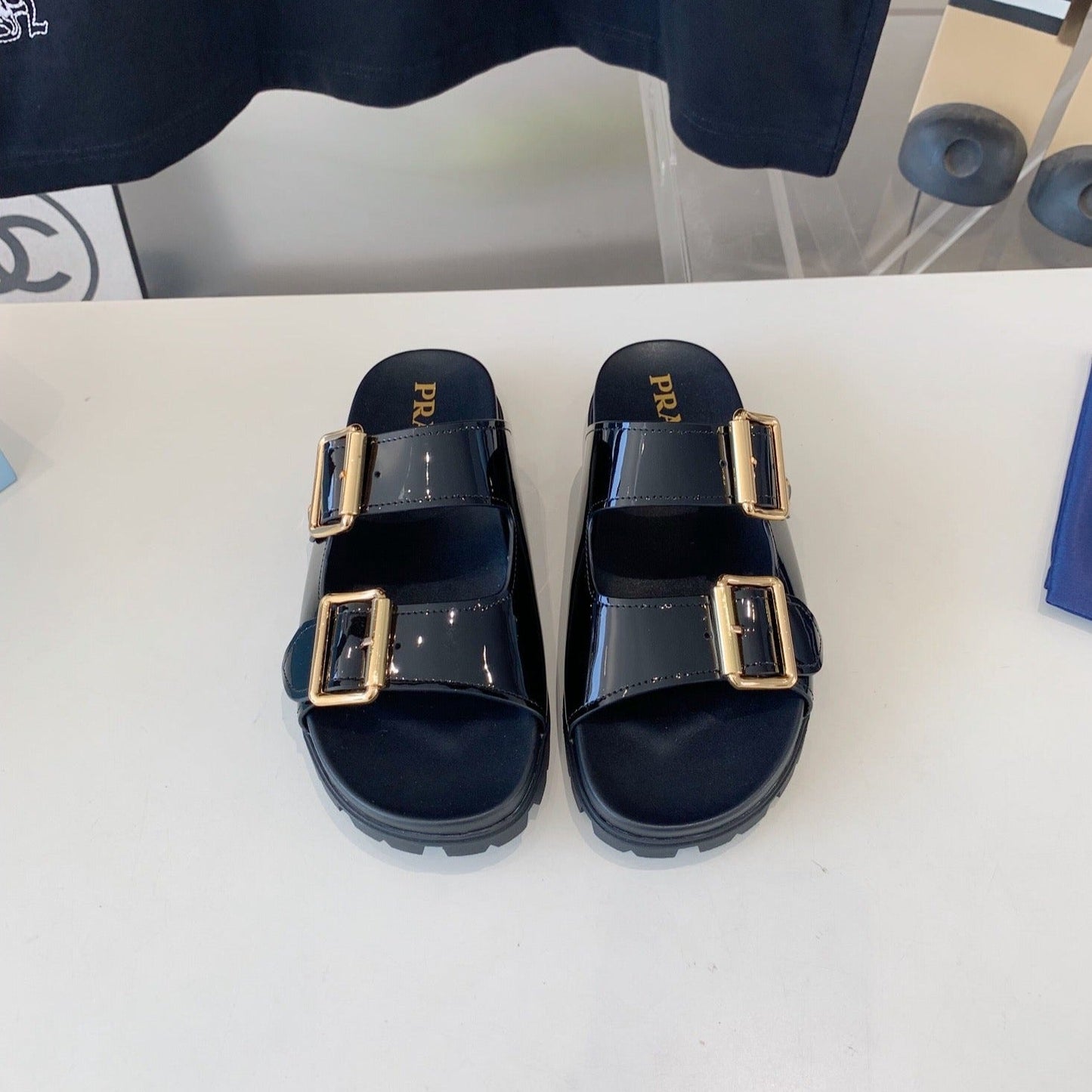 Luxury PradaSTRAP SLIDES SANDALS GLOSSY BLACK CALFSKIN