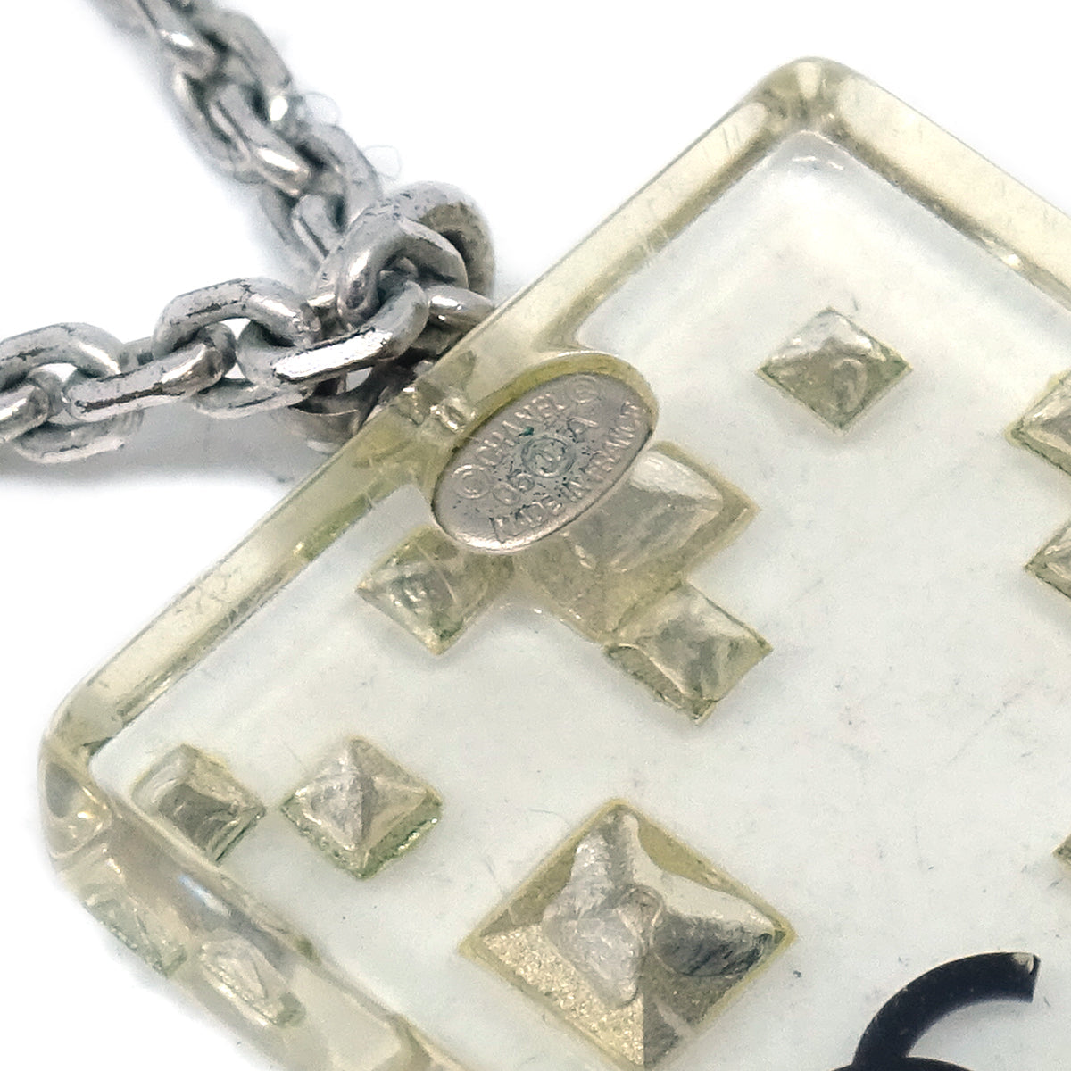 Luxury Chanel Silver Square Necklace Pendant Rhinestone 05A
