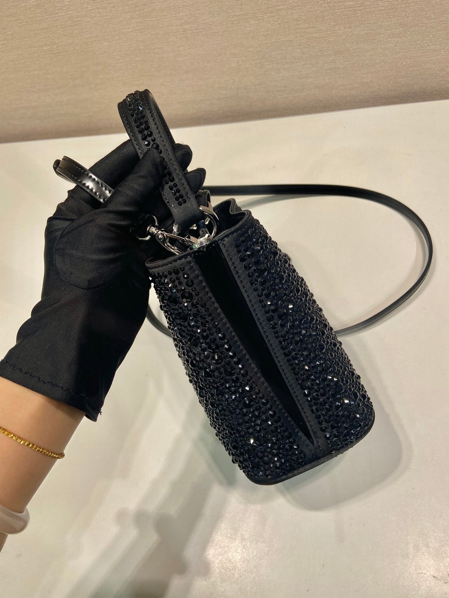 Luxury PradaPANIER BUCKET BAG 16 IN BLACK CALFSKIN ATTACHED FULL CRYSTALS