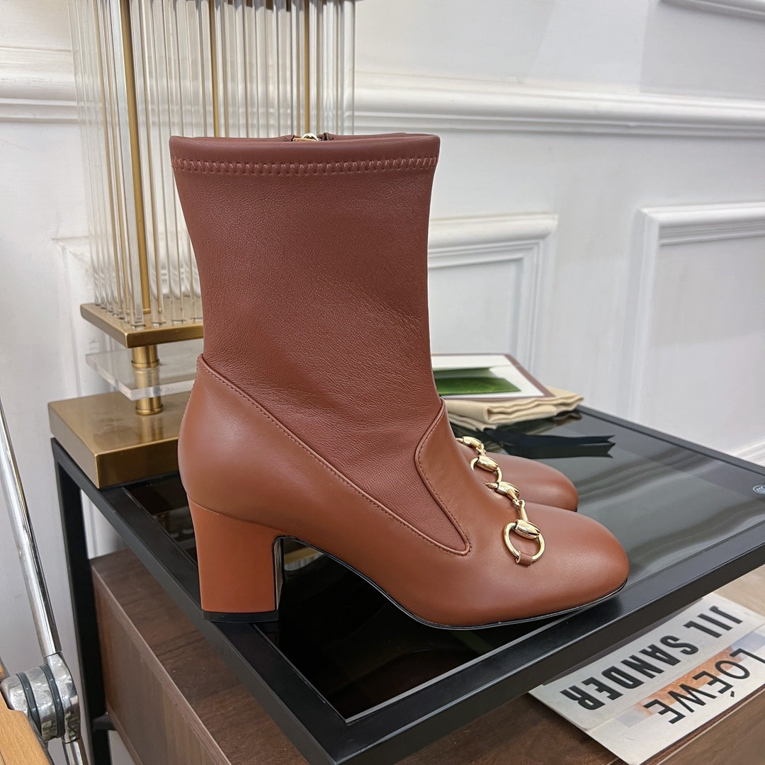 Luxury Gucci GG Horsebit Ankle Boot 65 Brown Calfskin