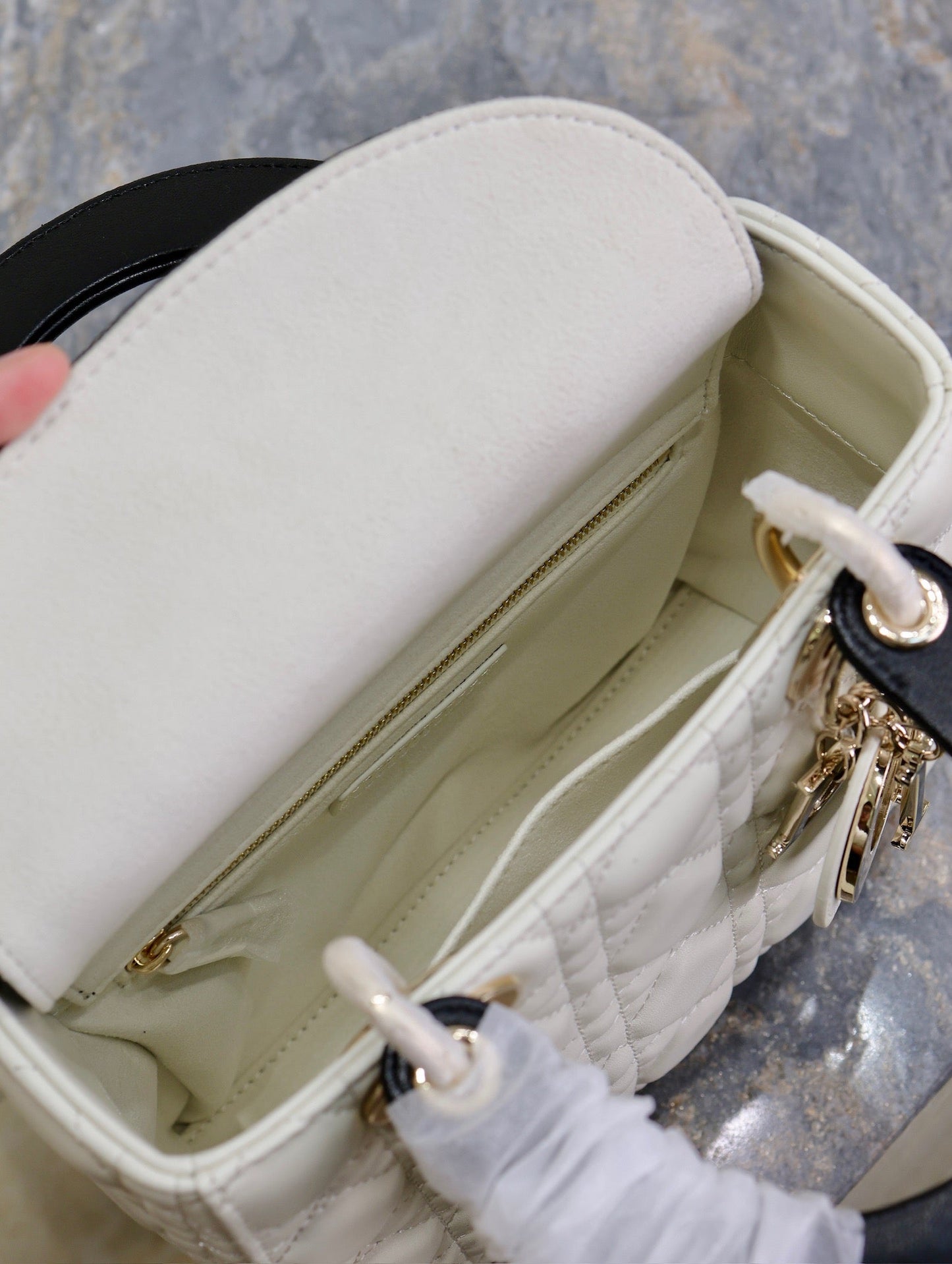 Luxury DiorLady Bag 17cm White Black Lambksin