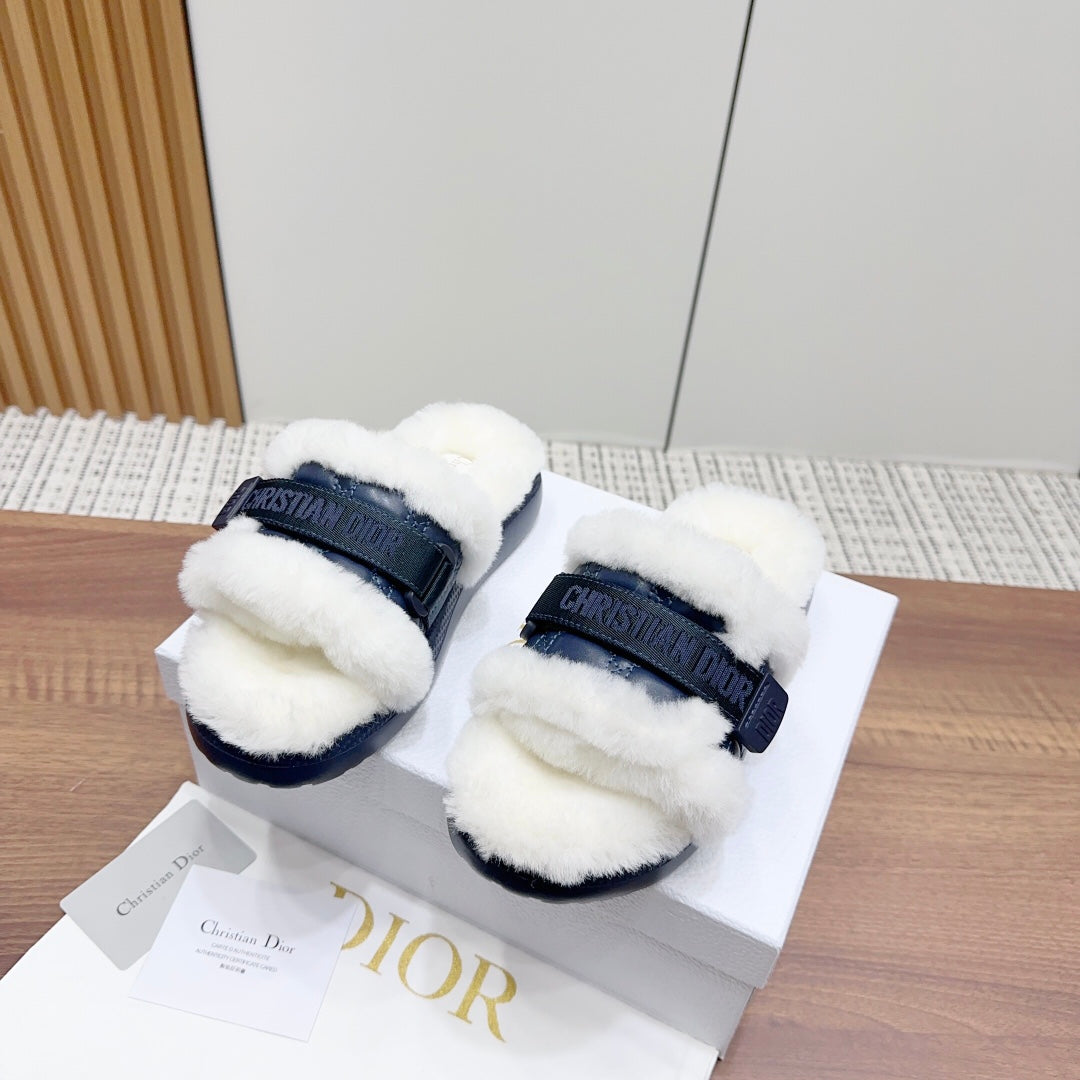 Luxury Dior DIORiviera Dio(r)evolution Slide Deep Blue White Quilted Fleece Lining And Lambskin