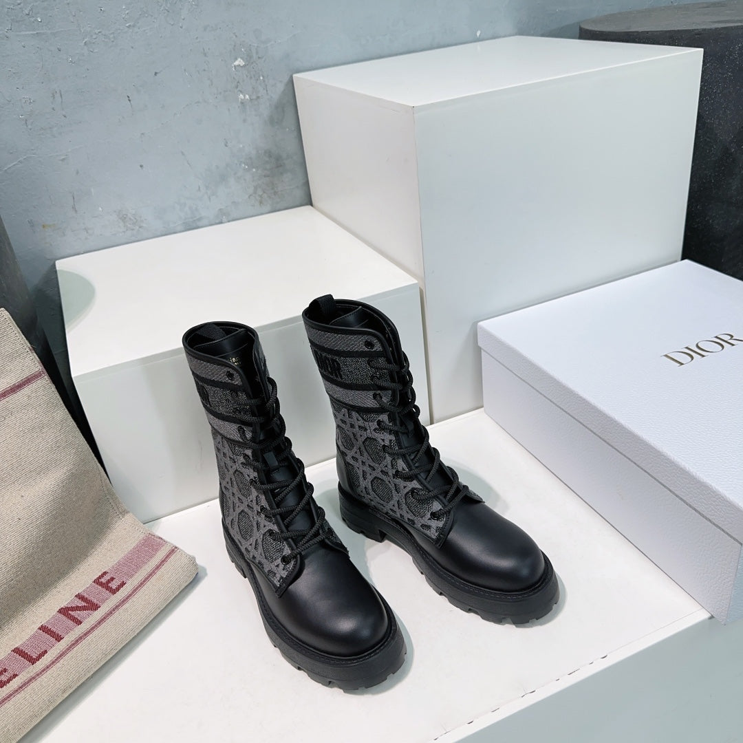 Luxury DiorMajor Ankle Boots Black Grey Calfskin And Fabric Canvas