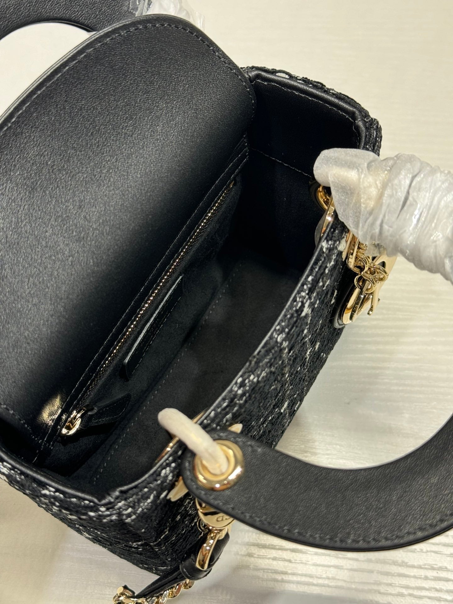 Luxury DiorLady 17cm Black Lambskin Black White Canvas