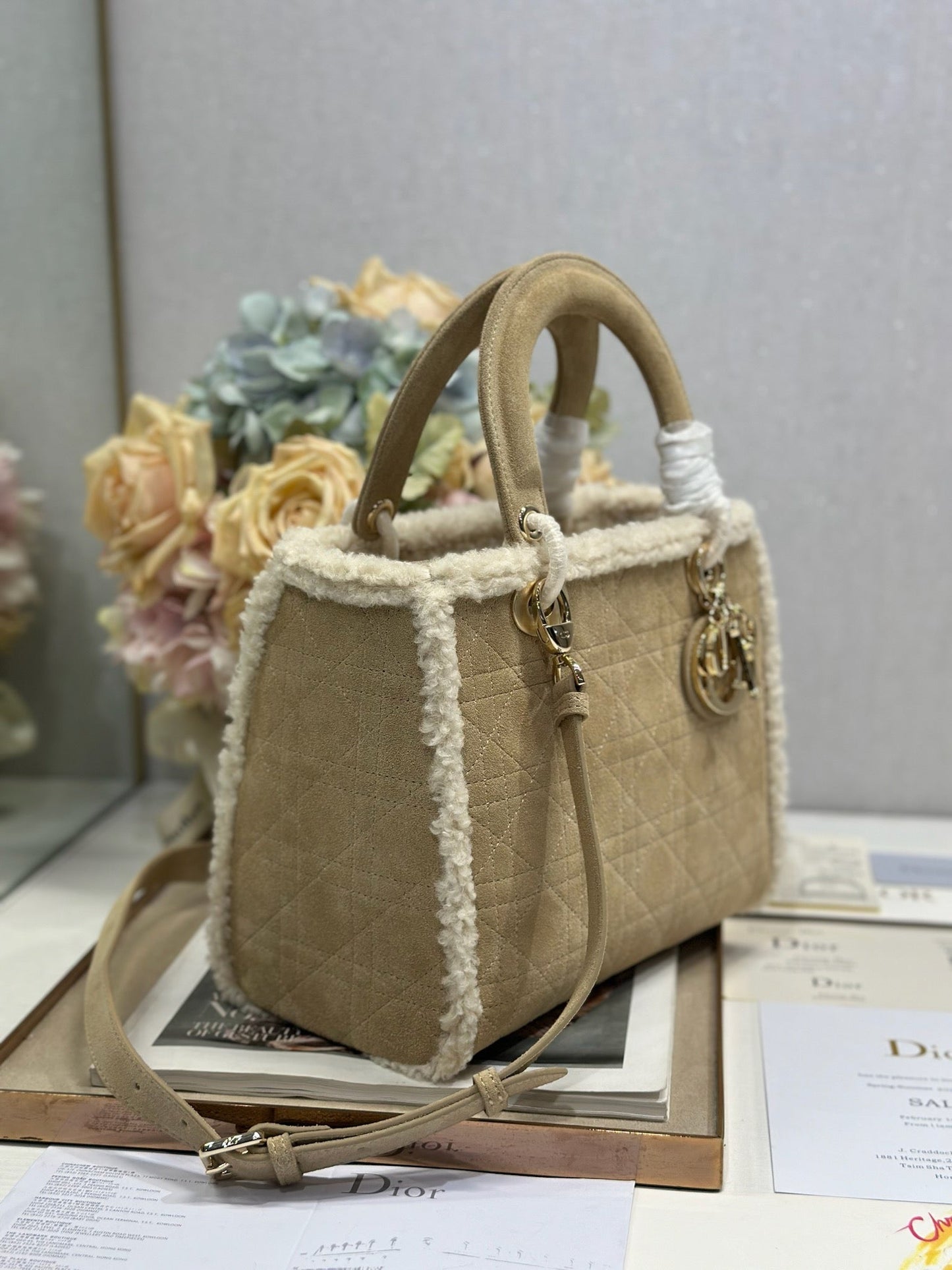 Luxury DiorLady 24 Camel Cowhide And Fur Gold Hardware