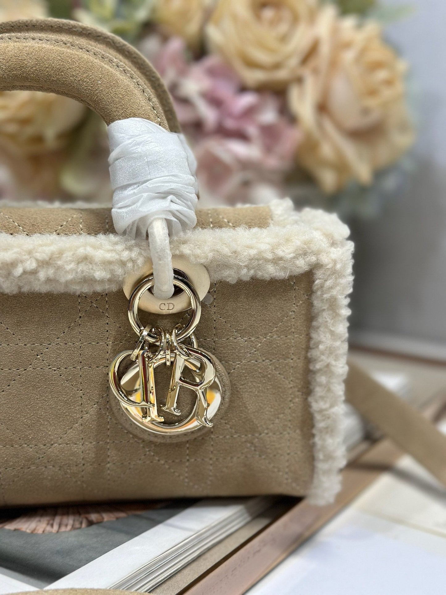 Luxury DiorLady D-Joy 22.5 Camel Cowhide And Fur Gold Hardware