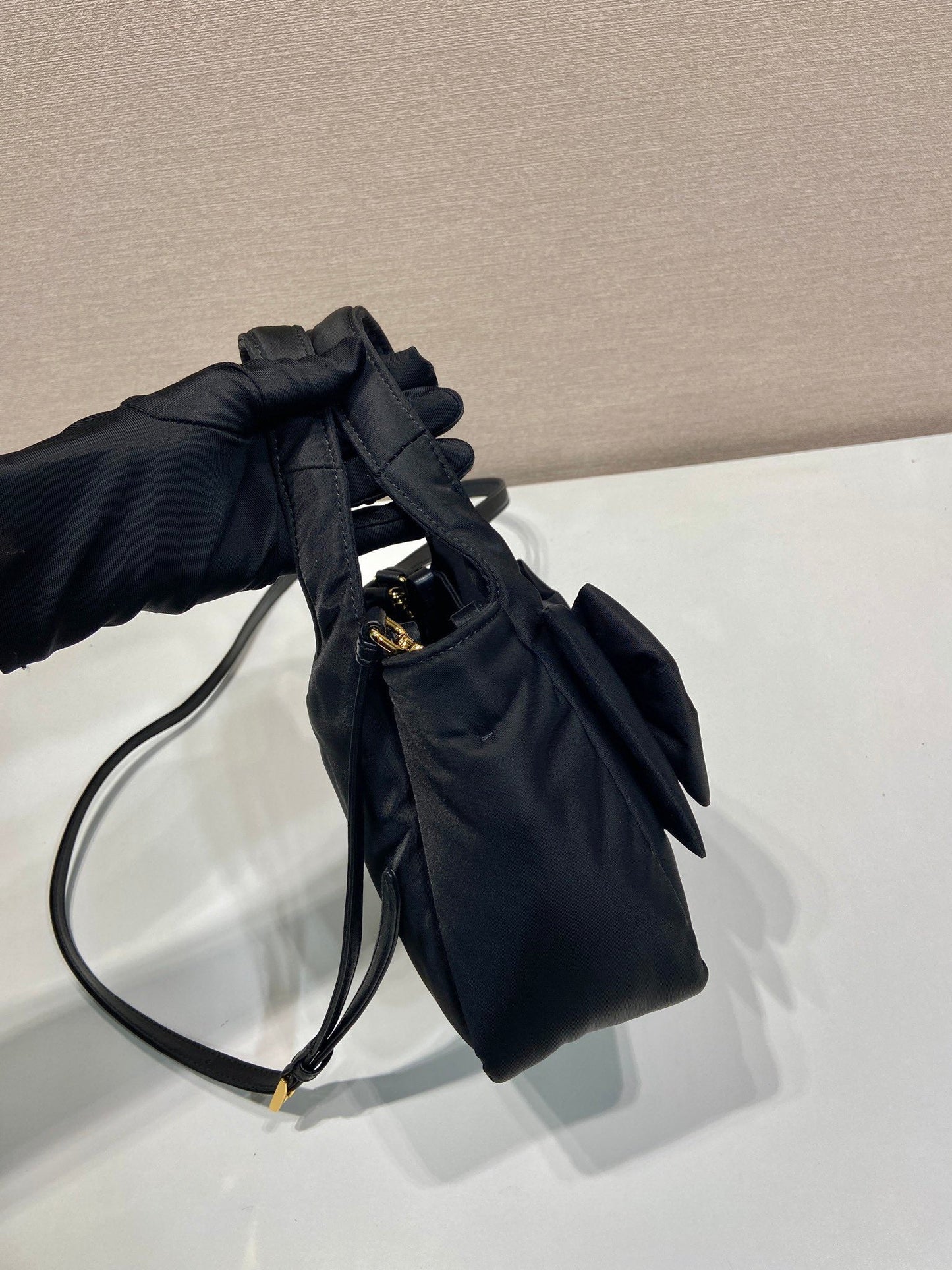 Luxury PradaMINI BOW TOTE BAG 18 IN BLACK PADDED NYLON FABRIC