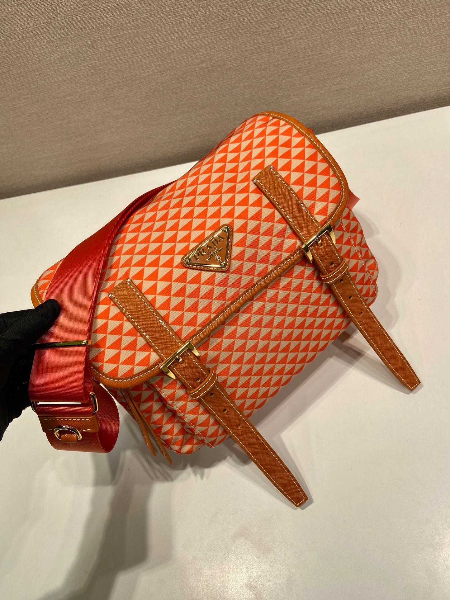 Luxury PradaMESSENGER BAG 25 IN ORANGE MIX CREAM TRIANGLE PATTERN EMBROIDERED FABRIC